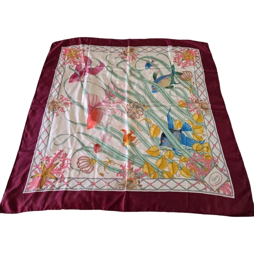Gucci Vintage Silk Square Scarf Pesci Sea Life Fish - Flaw Color Bleeding 33